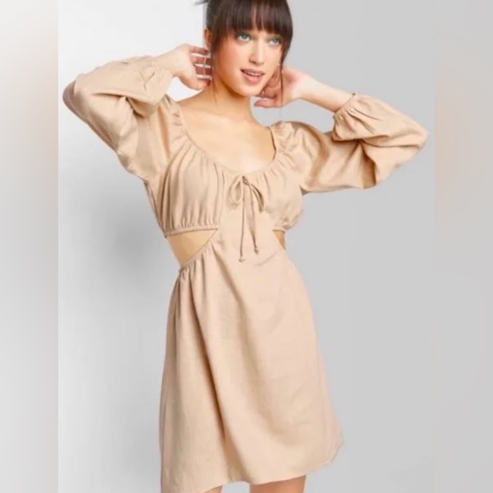 Linen tan dress with cutouts, long sleeve